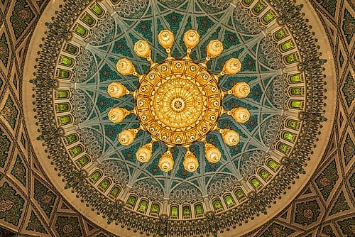 Middle East-Arabian Peninsula-Oman-Muscat-Chandelier-Sultan Qaboos Grand Mosque in Muscat Holidays Print